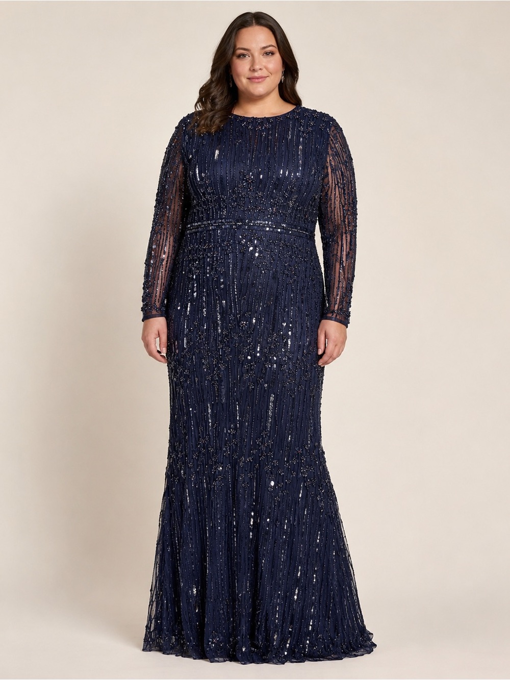 Mac Duggal Size 20 Navy Blue Hand Beaded Sequin Long Sleeve Evening Gown NWT